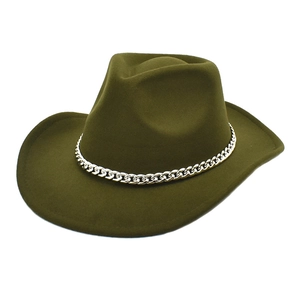 Detailed view of an olive green wool felt western hat with a silver metal chain trim