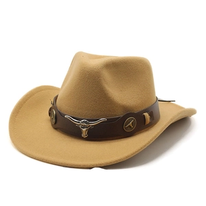 Khaki western cowboy wool felt hat featuring a bull head metal buckle and leather band