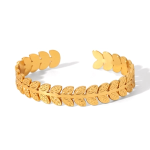 Elegant gold-plated stainless steel open bangle featuring a classic olive leaf relief pattern