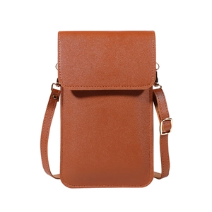 Brown leather touch screen mobile phone crossbody bag with adjustable strap and gold metal hardware