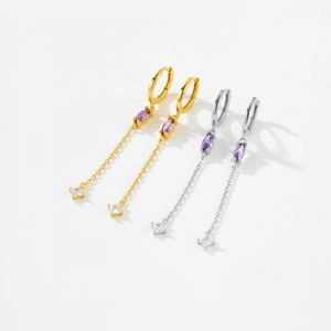 S925 Sterling Silver long tassel earrings with purple marquise zircon in gold and silver