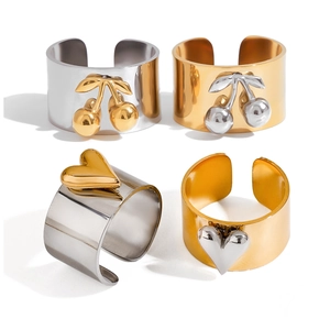 Minimalist bicolor stainless steel open ring set with cherry and heart motifs