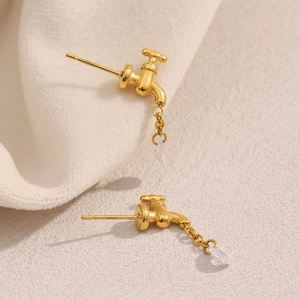 Creative 18K gold plated faucet stud earrings with clear crystal water drop pendant