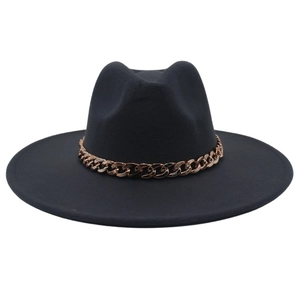 Detail of wide brim black felt fedora featuring a rose gold acrylic chain link