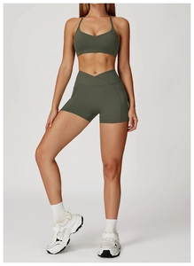 Detail view of high-waist yoga shorts featuring V-cross waistband and functional side pockets