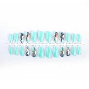 Turquoise almond press-on nails with holographic geometric patterns, set of 24 pieces