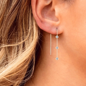 Close-up of S925 silver drop earrings with three sparkling zircons on a female model