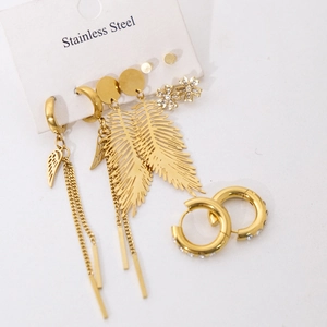 Stainless Steel Gold Plated Earrings Leaf Feather Wing Clover Tassel Zircon Rhinestone Jewelry For Women