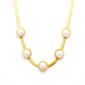 Elegant gold snake chain necklace with five white pearls and tree of life heart pendant