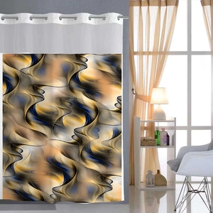 Detail of fluid abstract shower curtain with silver grommet top in a modern bathroom
