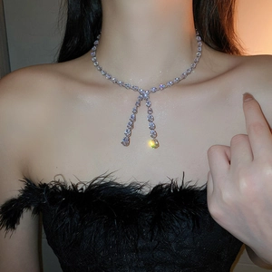 Detailed close-up of a silver Y-shaped choker with sparkling zircon waterdrop tassels