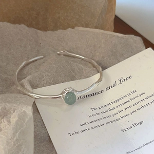 Minimalist 925 Sterling Silver Cuff Bangle Irregular Lava Texture With Light Green Oval Crystal Gemstone For Women