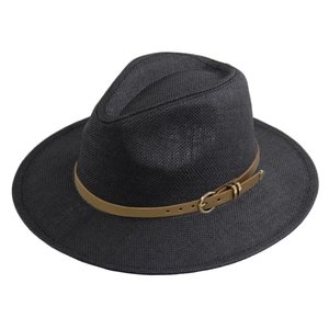 Deep grey wide brim panama straw hat with brown leather band and gold metal buckle