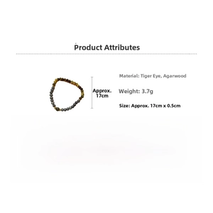 Detailed size specifications for tiger eye and agarwood beaded bracelet showing dimensions