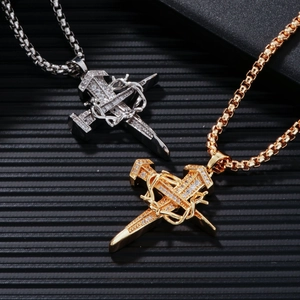 Cross pendant necklace with thorn design in gold and silver finish, set of two necklaces
