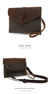 Detailed views of vintage canvas envelope bag with leather flap and detachable shoulder strap