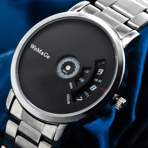 Detail of silver steel band watch with black rotating disc dial and brand logo