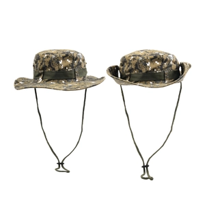 Detailed views of digital camouflage boonie hat with adjustable chin strap and side snaps