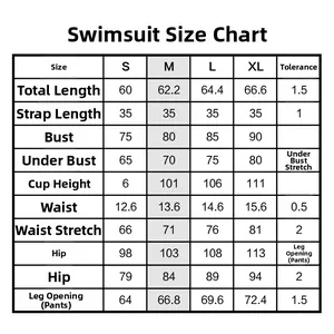 Detailed size chart for women's one-piece swimsuit showing S to XL measurements in a table