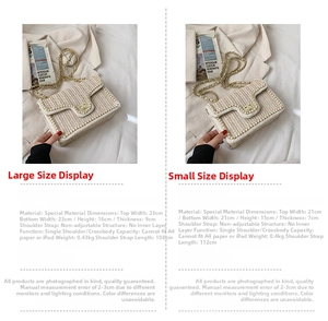 Detailed size comparison guide for woven flap bag with pearl trim and chain strap