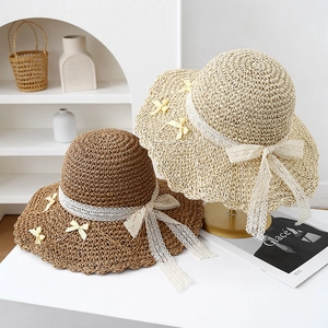 Women Straw Sun Hat Large Wavy Brim Paper Woven Summer Beach Travel Foldable Breathable With Lace Bow Ribbon