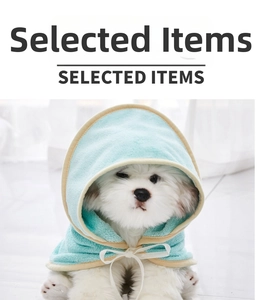 Close-up of a blue microfiber pet drying robe with cream trim and silk neck tie