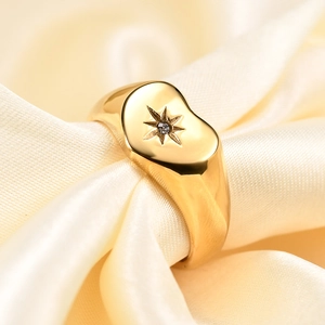 Heart Signet Ring 304 Stainless Steel 18K Gold Plated North Star Engraved Zircon Fashion Jewelry For Women