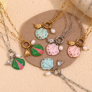 18K gold plated stainless steel shell necklaces with colorful enamel and pearl charms