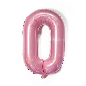 Detailed view of large pink 40 inch number 0 aluminum foil balloon with metallic finish