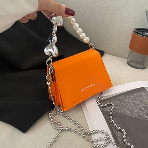 Mini Handbag Women PU Leather Crossbody Bag Artificial Pearl Heart Handle Small Square Shoulder Bag Stylish Accessory