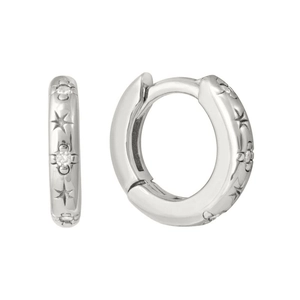 S925 silver star hoop earrings with zircon pavé and vintage geometric metal engraving