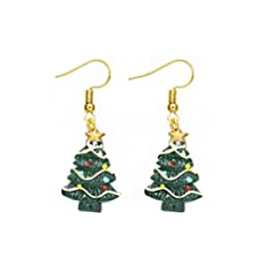 Detailed view of green Christmas tree earrings with colorful ornaments and golden stars
