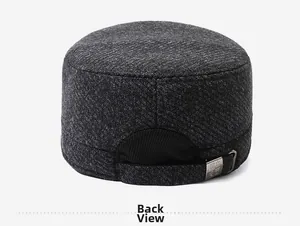 Detailed back view of men's gray flat cap featuring adjustable fabric strap and metal buckle