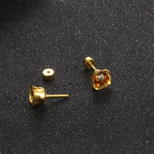 Gold plated rose flower stud earrings with center crystal and secure screw back closure