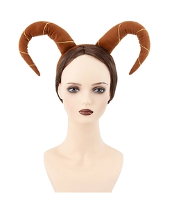 Detailed view of brown plush ram horns with gold metallic wire for Halloween cosplay