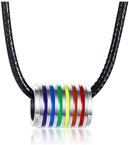 Detailed view of rainbow cylinder pendant with black braided rope and studio reflection