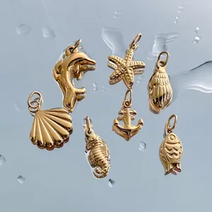 14K Gold Plated Stainless Steel Ocean Series Pendants DIY Jewelry Making Seahorse Dolphin Starfish Anchor Charms For Women