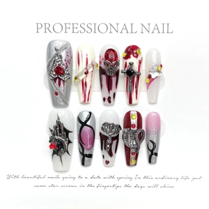 Faux Ongles Gothiques Halloween Sanglant Crâne Croix Métal 3D Strass Punk Longs Ongles Artificiels Femmes