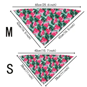 Watermelon pattern dog bandana size chart showing S and M dimensions in centimeters and inches