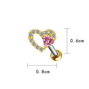 Macro detail of heart-shaped pink zircon earring with gold finish and 0.8cm size mark