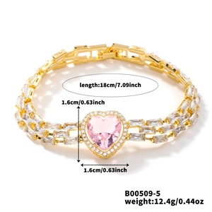Detailed size chart for pink heart zircon bracelet with length and weight measurements