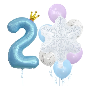Ice theme birthday party set with giant snowflake and number 2 crown foil balloons