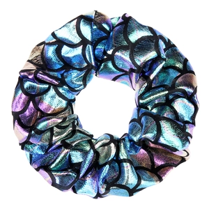 Detail of colorful mermaid scale hair scrunchie with shiny metallic gradient fabric