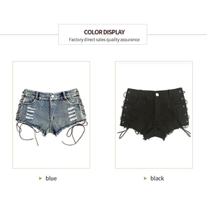Detailansicht der Jeans-Shorts mit seitlicher Schnürung und abgenutztem Riss-Saum