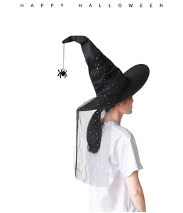 Detail of black witch hat with silver moon star veil and hanging spider pendant
