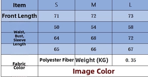 Detailed size chart for the V-neck knit cardigan showing measurements for S, M, and L sizes