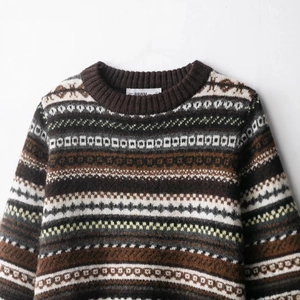 Classic Fair Isle geometric jacquard knit sweater with ribbed crew neck in dark brown