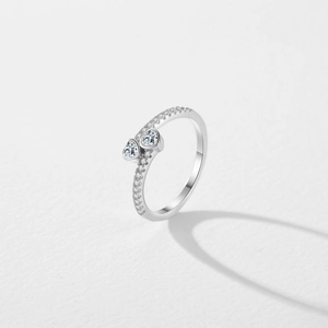 Elegant S925 sterling silver open ring featuring double heart-shaped cubic zirconia stones