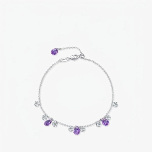 Bracciale In Argento Sterling 925 Con Ciondoli A Goccia In Zircone Viola A Pera Catena A Sfere Regolabile Da Donna
