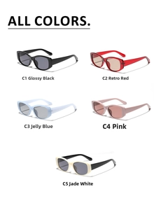 Flat lay of retro rectangular sunglasses in black, red, blue, pink and white frames